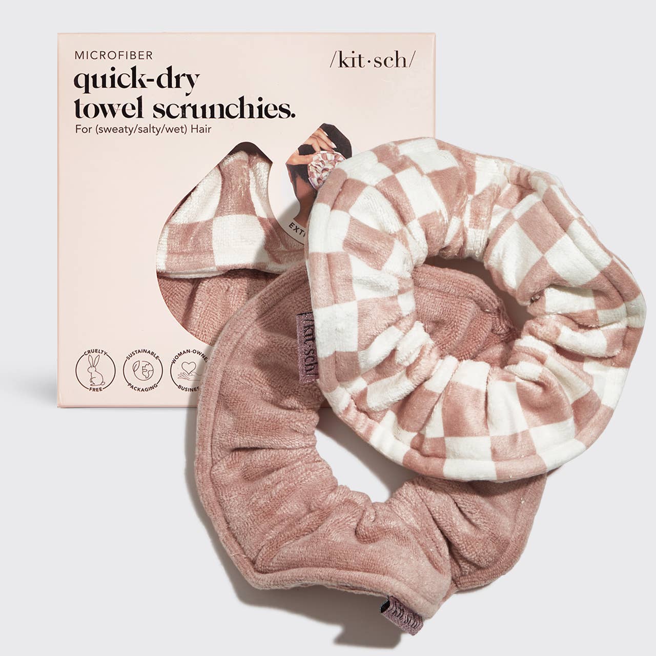 Microfiber Quick-Dry Towel Scrunchie 2PC- Terracotta Checker - OLIVIA PAISLEY 