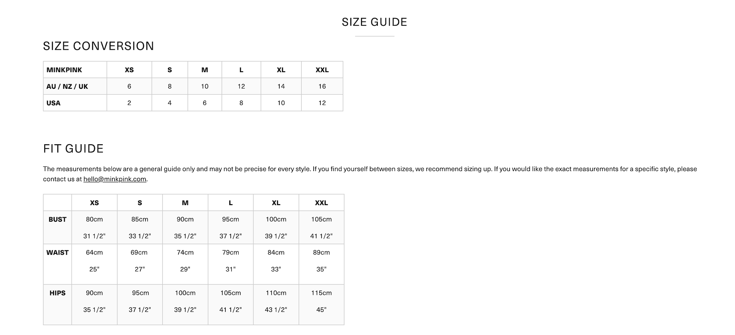 MinkPink Size Chart