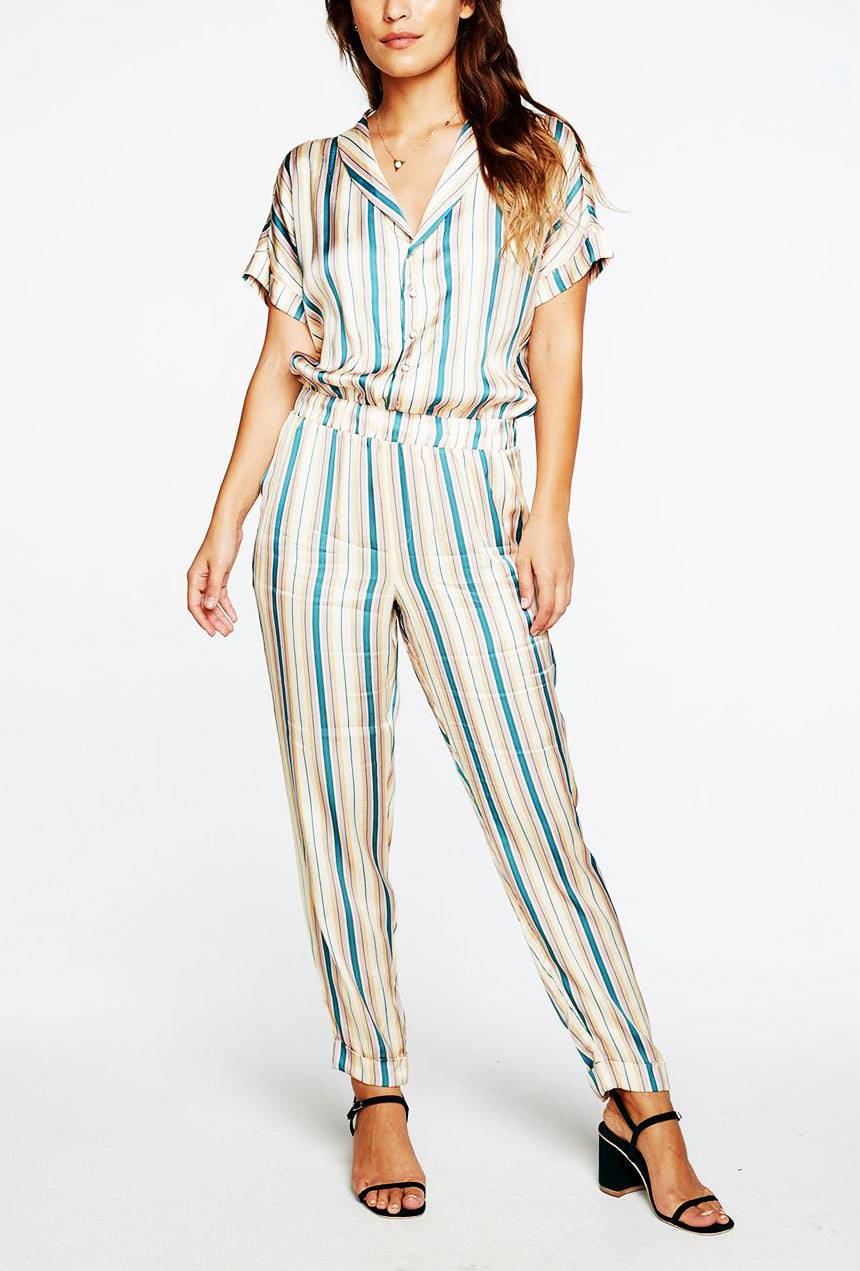 Women's Stripe Short Sleeve Rolled Cuff Jumpsuit - OLIVIA PAISLEY 