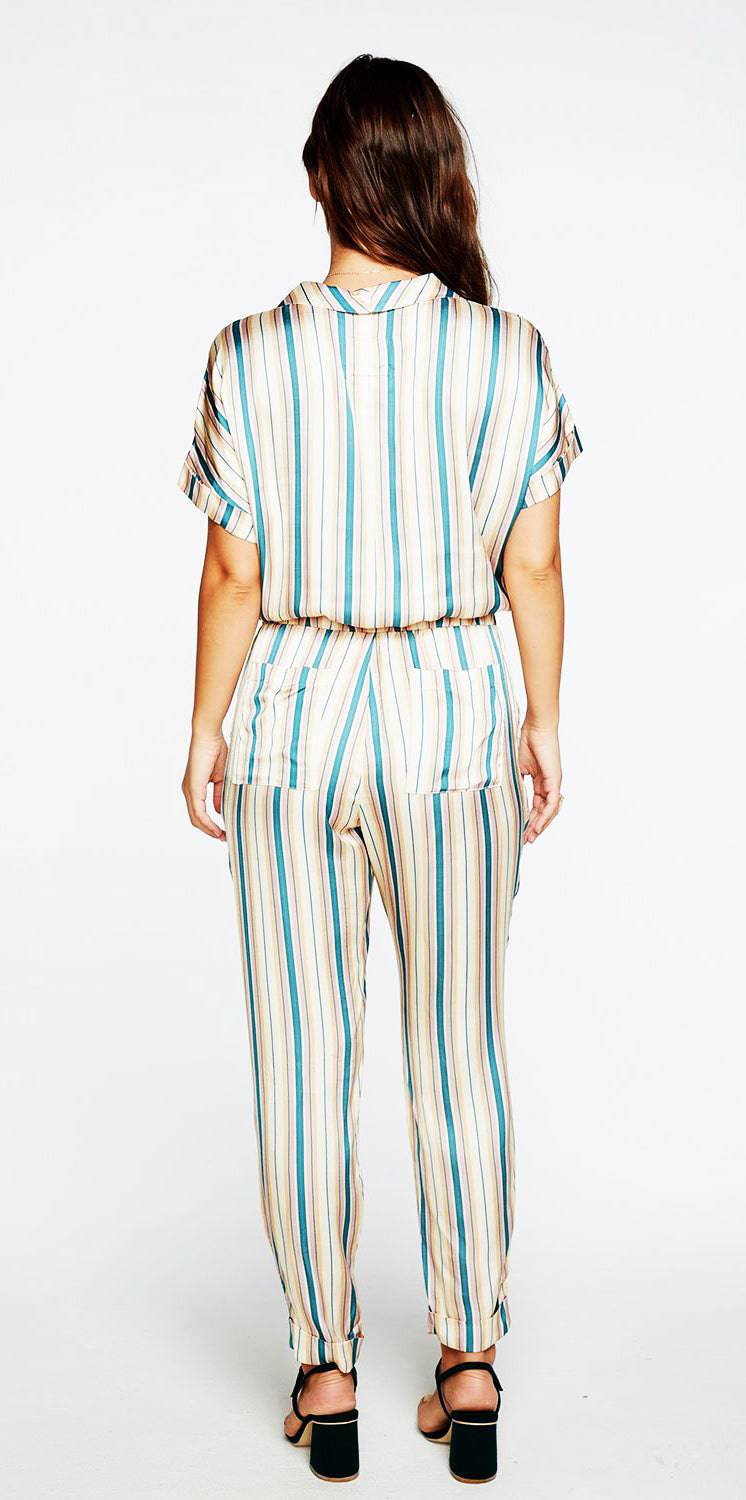 Women's Stripe Short Sleeve Rolled Cuff Jumpsuit - OLIVIA PAISLEY 