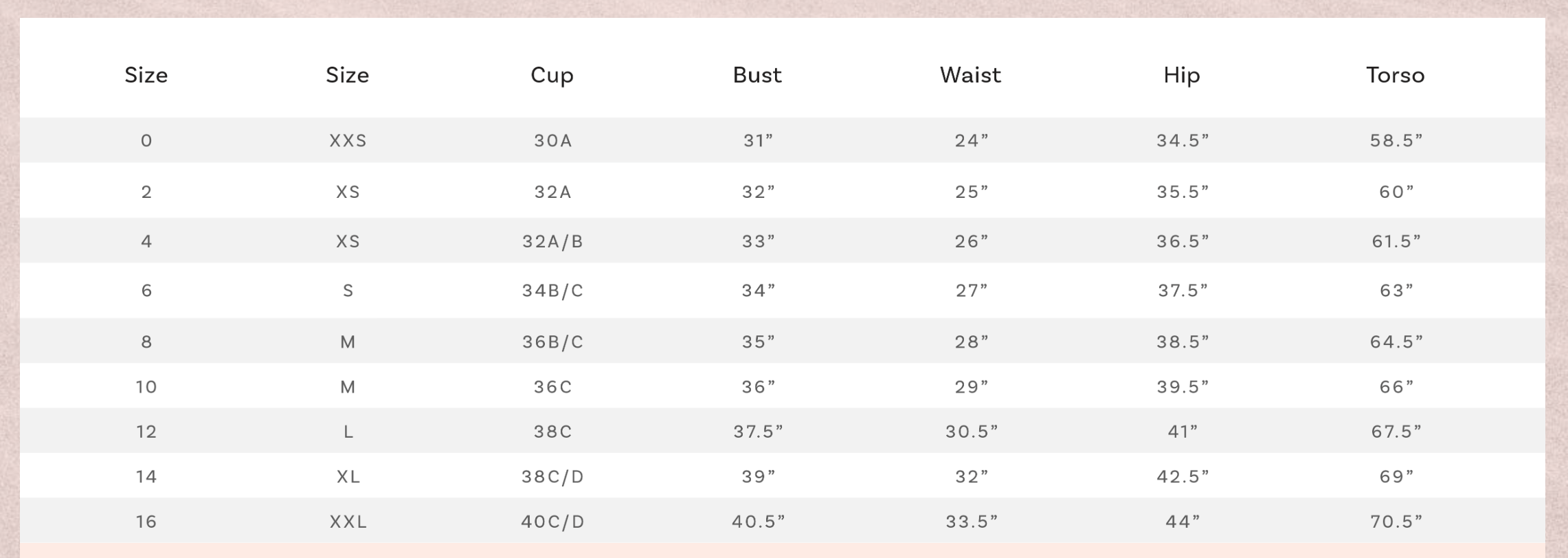 La Blanca Size Chart